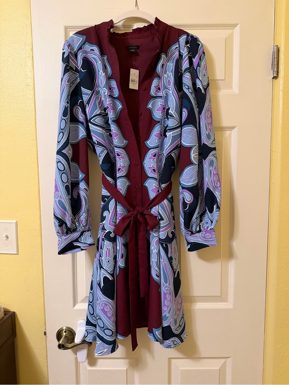 Burgundy, Purple, & Blue Paisley button down Tie-Waist Dress